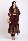 Wine Pure Cambric Cotton Floral Printed Kurta Set With Dupatta