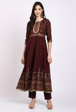 Wine Pure Cambric Cotton Floral Printed Kurta Set With Dupatta