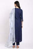 Navy Blue Rayon Floral Embroidered Kurta Set With Dupatta