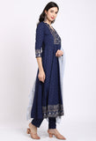 Navy Blue Rayon Floral Embroidered Kurta Set With Dupatta