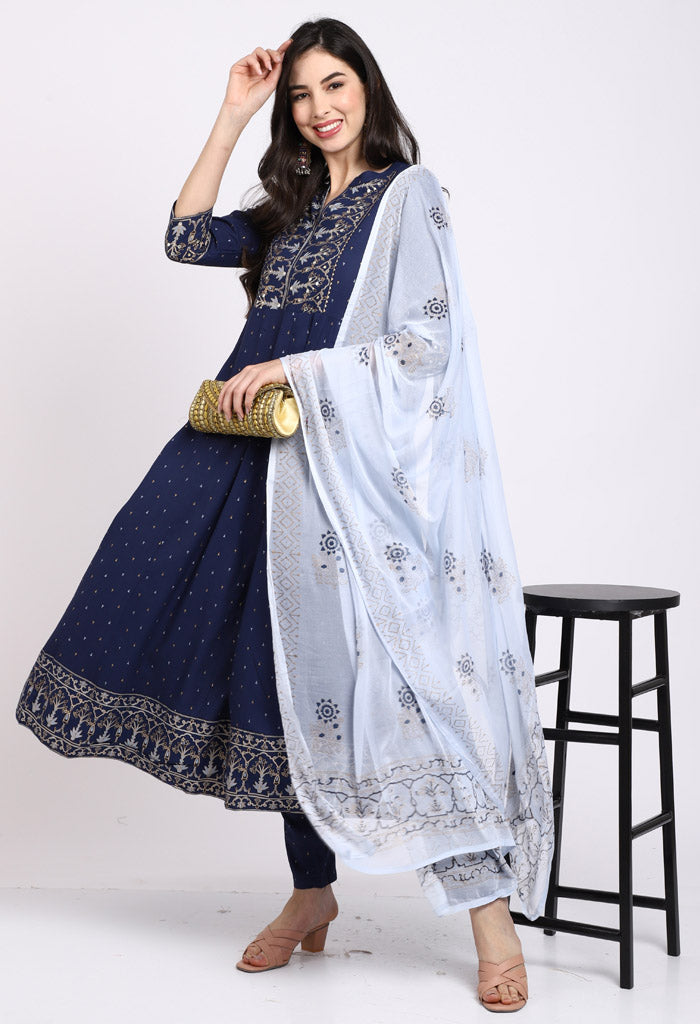 Navy Blue Rayon Floral Embroidered Kurta Set With Dupatta