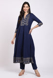 Navy Blue Rayon Floral Embroidered Kurta Set With Dupatta