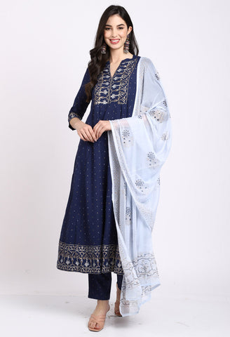 Navy Blue Rayon Floral Embroidered Kurta Set With Dupatta