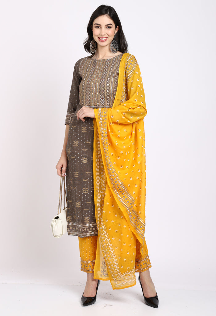 Grey Pure Cambric Cotton Embroidered Kurta Set With Dupatta