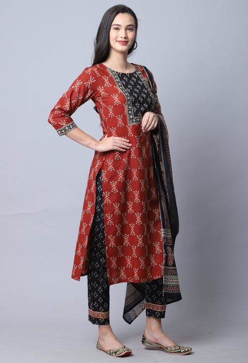 Brown & Black  Pure Cambric Cotton Jaipuri Printed Kurta Set With Dupatta