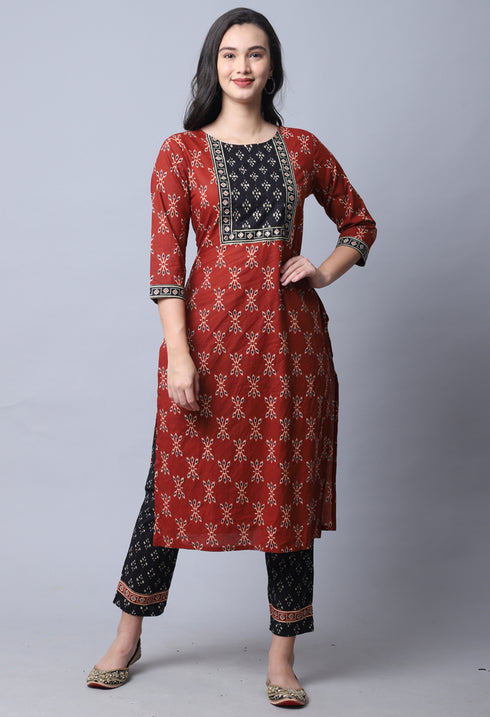 Brown & Black  Pure Cambric Cotton Jaipuri Printed Kurta Set With Dupatta
