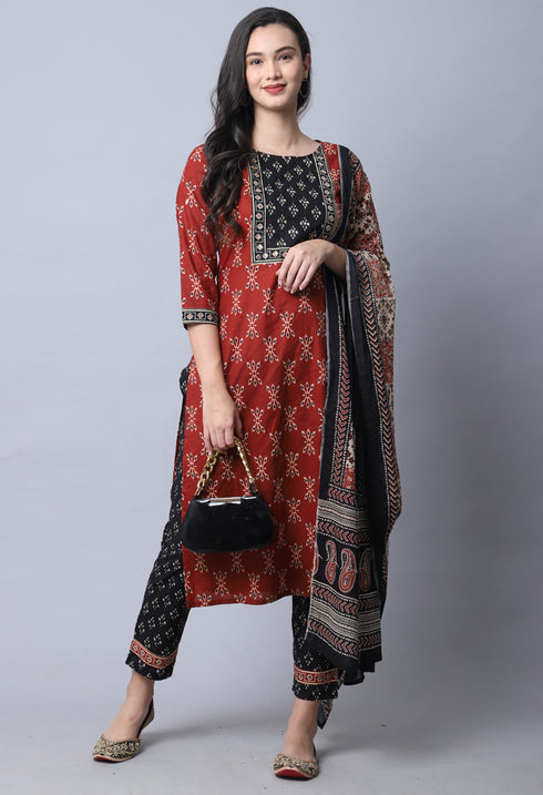 Brown & Black  Pure Cambric Cotton Jaipuri Printed Kurta Set With Dupatta