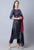 Navy Blue Pure Cambric Cotton Embellished Kurta Set With Dupatta