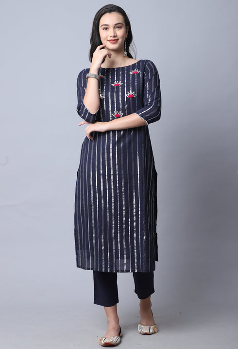 Navy Blue Pure Cambric Cotton Embellished Kurta Set With Dupatta