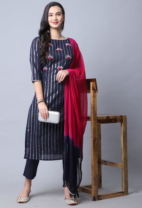 Navy Blue Pure Cambric Cotton Embellished Kurta Set With Dupatta