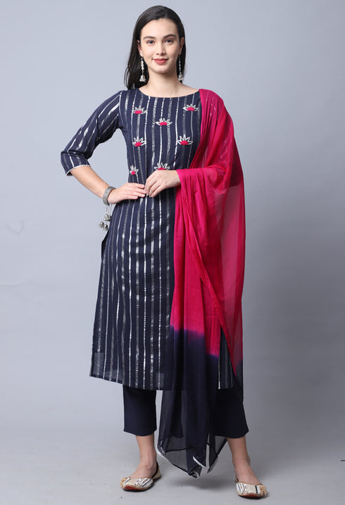 Navy Blue Pure Cambric Cotton Embellished Kurta Set With Dupatta