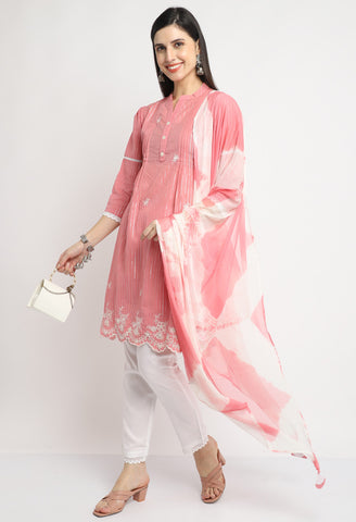 Pure Cambric Cotton Embroidered Kurta Set With Dupatta