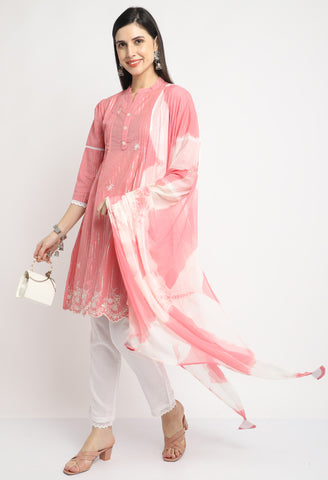 Pure Cambric Cotton Embroidered Kurta Set With Dupatta