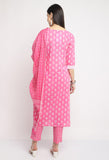 Pure Cambric Cotton Jaipuri Printed & Embroidered Kurta Set With Dupatta