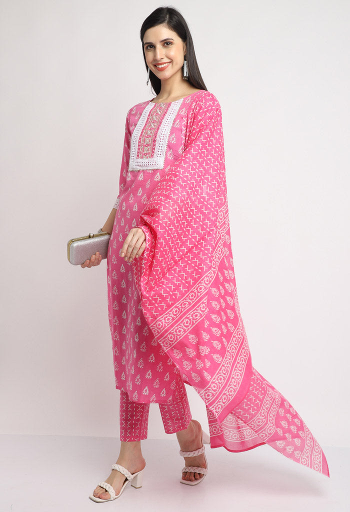 Pure Cambric Cotton Jaipuri Printed & Embroidered Kurta Set With Dupatta