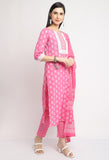 Pure Cambric Cotton Jaipuri Printed & Embroidered Kurta Set With Dupatta