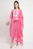 Pure Cambric Cotton Jaipuri Printed & Embroidered Kurta Set With Dupatta