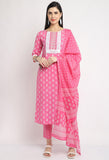 Pure Cambric Cotton Jaipuri Printed & Embroidered Kurta Set With Dupatta