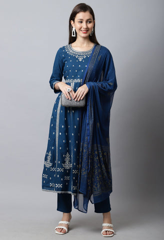 Rayon Slub  Embroidered Kurta Set With Dupatta