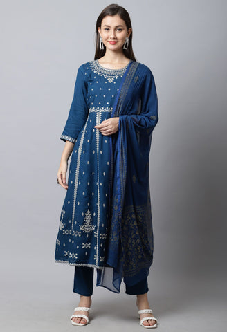 Rayon Slub  Embroidered Kurta Set With Dupatta