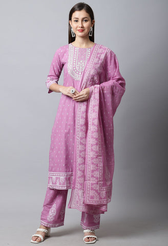 Pure Cambric Cotton Jaipuri Printed & Embroidered Kurta Set With Dupatta