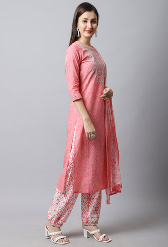 Pure Cambric Cotton Jaipuri Printed & Embroidered Kurta Set With Dupatta