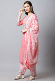 Pure Cambric Cotton Jaipuri Printed & Embroidered Kurta Set With Dupatta