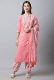 Pure Cambric Cotton Jaipuri Printed & Embroidered Kurta Set With Dupatta