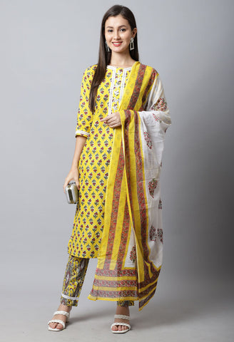 Pure Cambric Cotton Jaipuri Printed & Embroidered Kurta Set With Dupatta