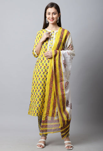 Pure Cambric Cotton Jaipuri Printed & Embroidered Kurta Set With Dupatta