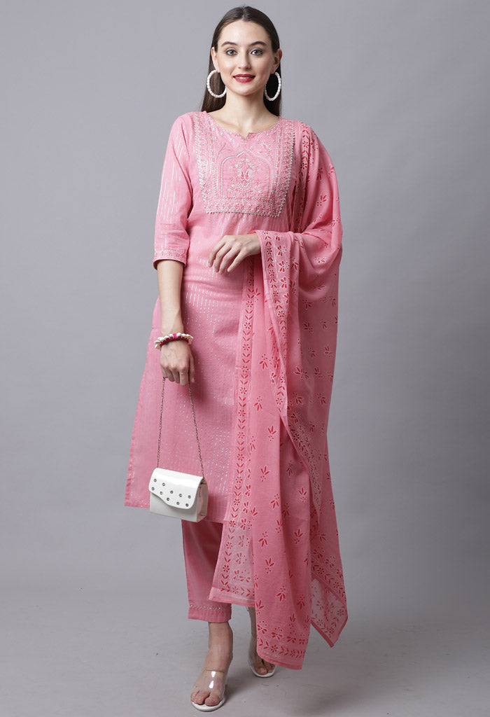 Pure Cotton Zari Weaving And  Embroidered Kurta Set With Dupatta