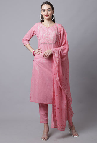 Pure Cotton Zari Weaving And  Embroidered Kurta Set With Dupatta