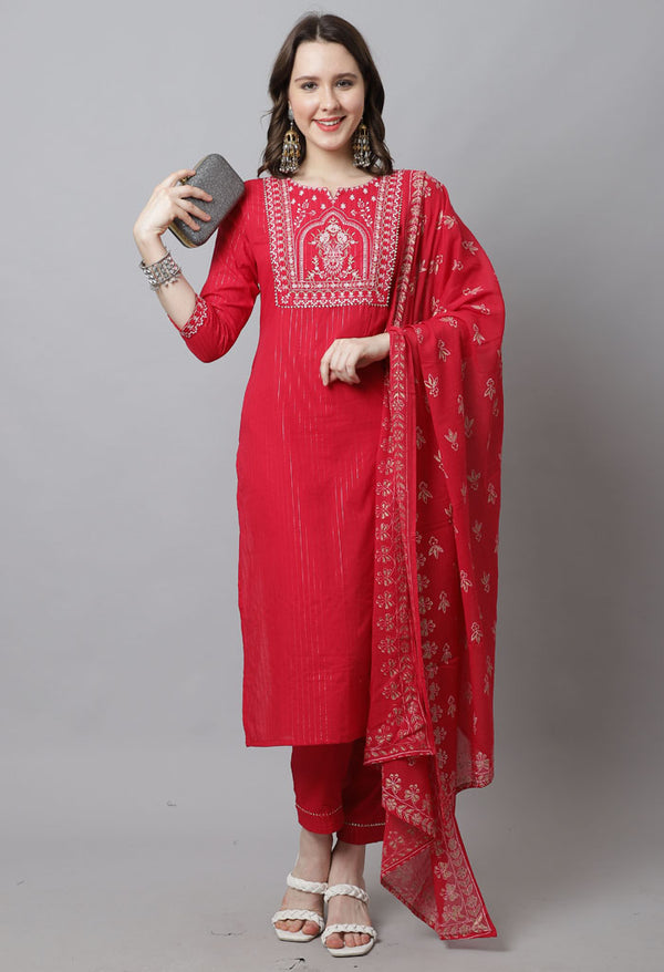 Pure Cotton Zari Weaving And  Embroidered Kurta Set With Dupatta