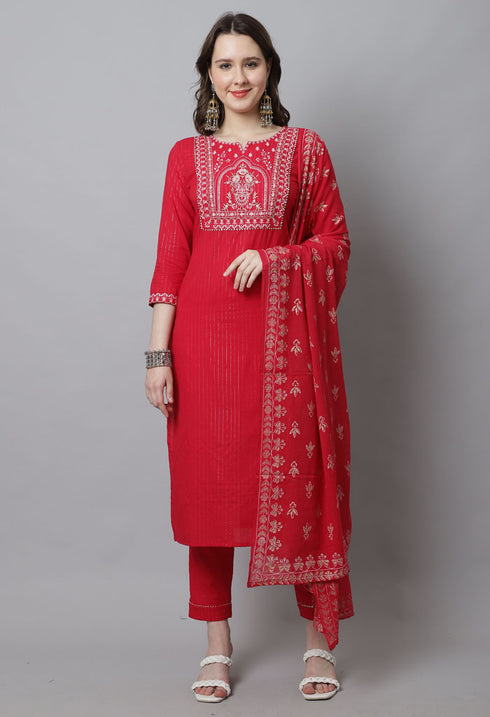 Pure Cotton Zari Weaving And  Embroidered Kurta Set With Dupatta