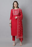 Pure Cotton Zari Weaving And  Embroidered Kurta Set With Dupatta