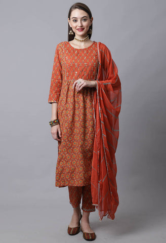 Pure Cotton Jaipuri Printed & Hand Work Kurta Set With Dupatta