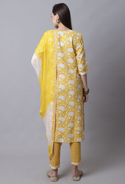 Pure Cotton Jaipuri Printed & Embroidered Kurta Set With Dupatta