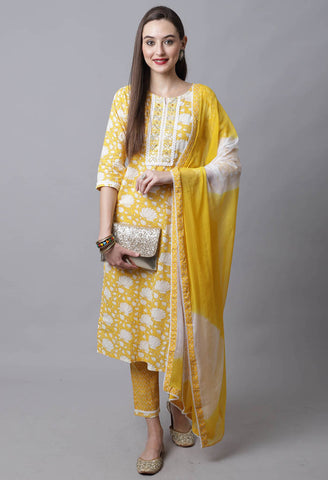 Pure Cotton Jaipuri Printed & Embroidered Kurta Set With Dupatta