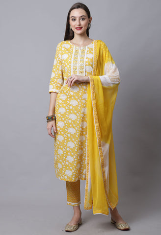 Pure Cotton Jaipuri Printed & Embroidered Kurta Set With Dupatta