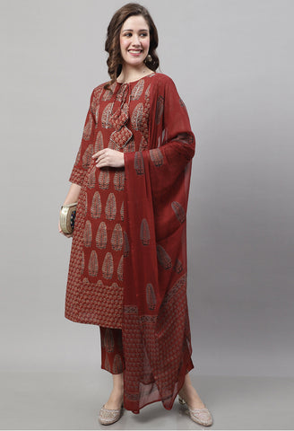 Pure Cotton Jaipuri Printed And Embroidered Kurta Set With Dupatta