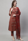 Pure Cotton Jaipuri Printed And Embroidered Kurta Set With Dupatta