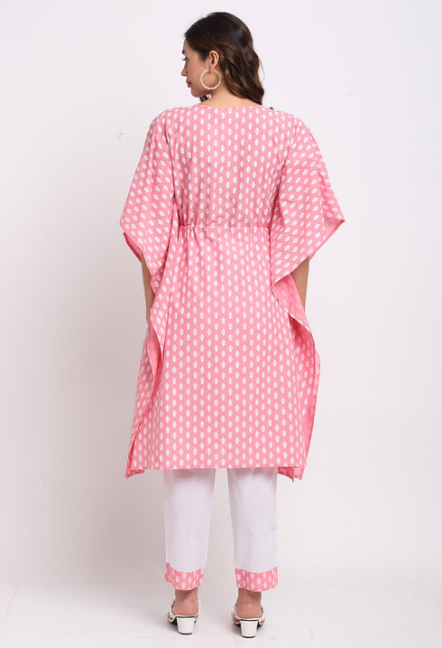 Pink Pure Cambric Cotton Printed Kaftan With Pant