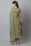 Green Pure Cotton Embroidered Anarkali Kurta With Pant & Dupatta