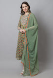 Green Pure Cotton Embroidered Anarkali Kurta With Pant & Dupatta