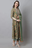 Green Pure Cotton Embroidered Anarkali Kurta With Pant & Dupatta