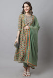 Green Pure Cotton Embroidered Anarkali Kurta With Pant & Dupatta