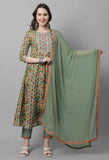 Green Pure Cotton Embroidered Anarkali Kurta With Pant & Dupatta