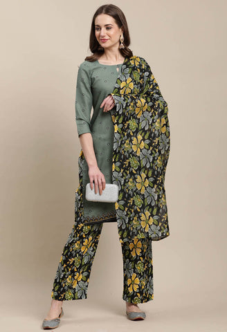 Olive Green Cotton Printed Salwar Suit with Dupatta