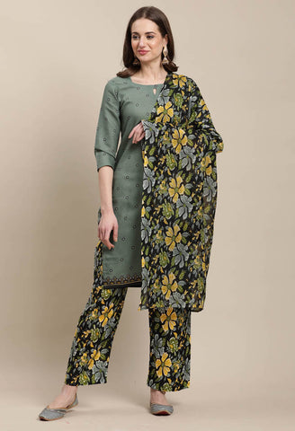 Olive Green Cotton Printed Salwar Suit with Dupatta