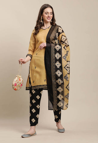 Beige Cotton Printed Salwar Suit with Dupatta